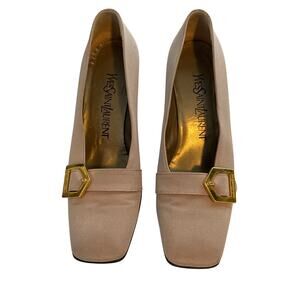 Vintage Yves Saint Laurent YSL Tan Gold Buckle Square Toe Block Heel Shoes Sz 6